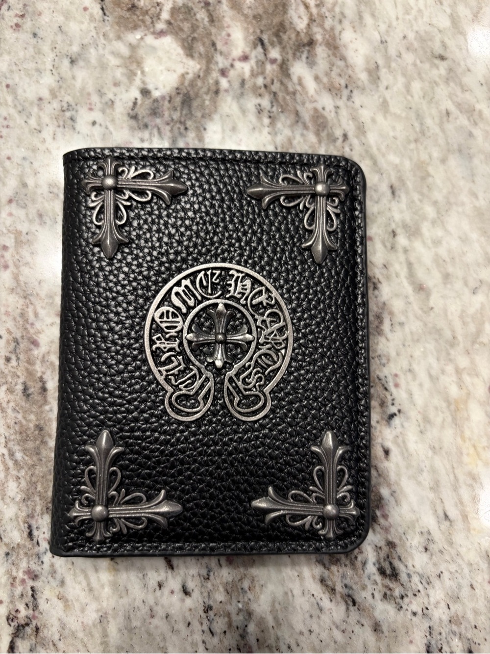 Black Leather Embossed Men's Card Wallet with Silver Metal Accents - Picture 4 of 4
